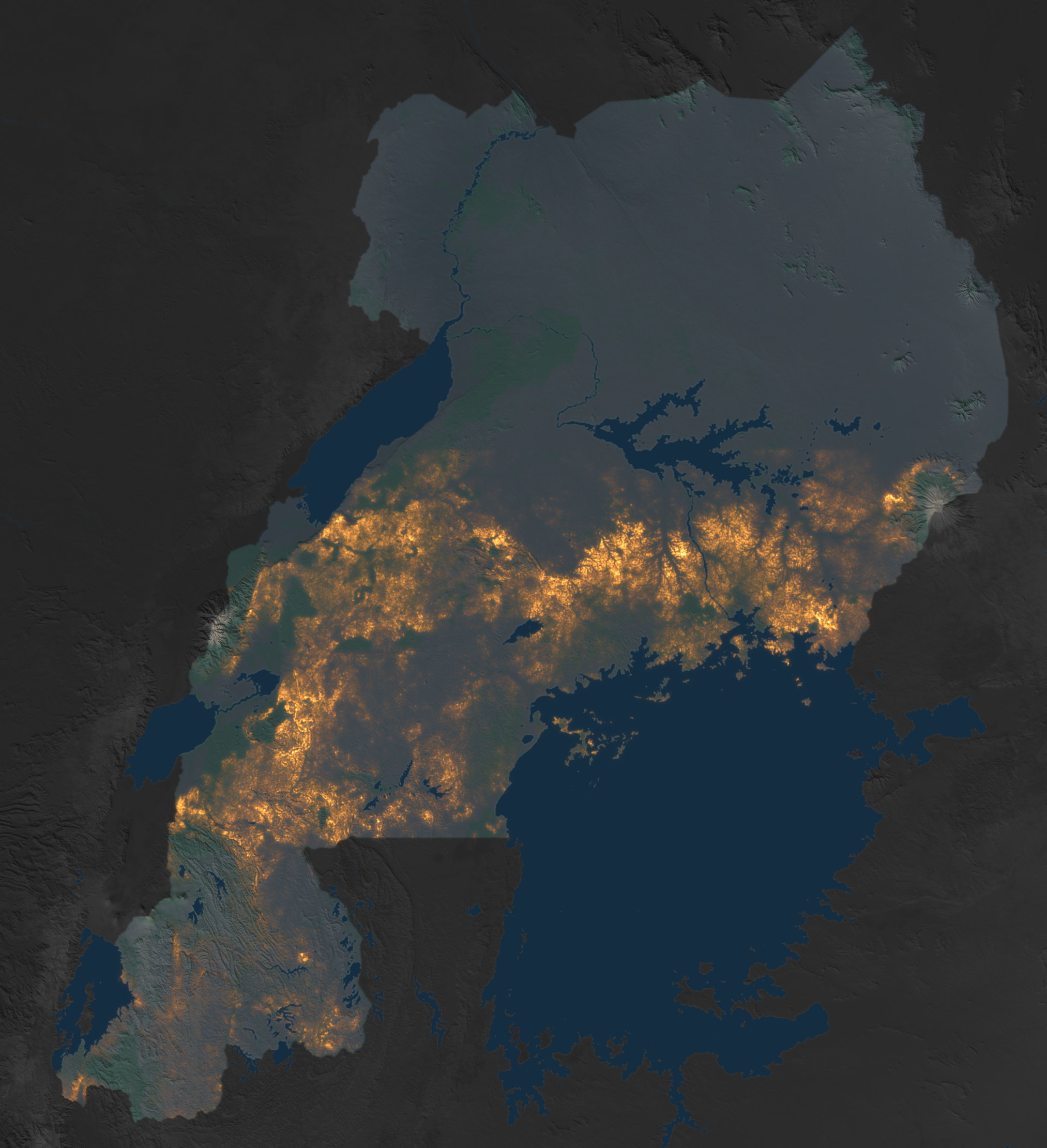 Terrain map of Uganda and Rwanda with the mapped coffee areas glowing amber